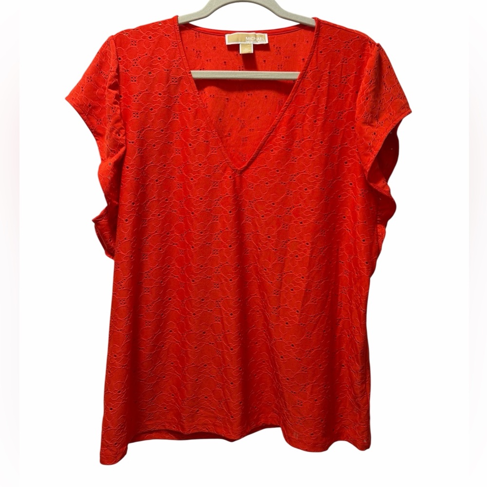 Michael Kors V-neck Flutter Sleeve Eyelet Blouse
